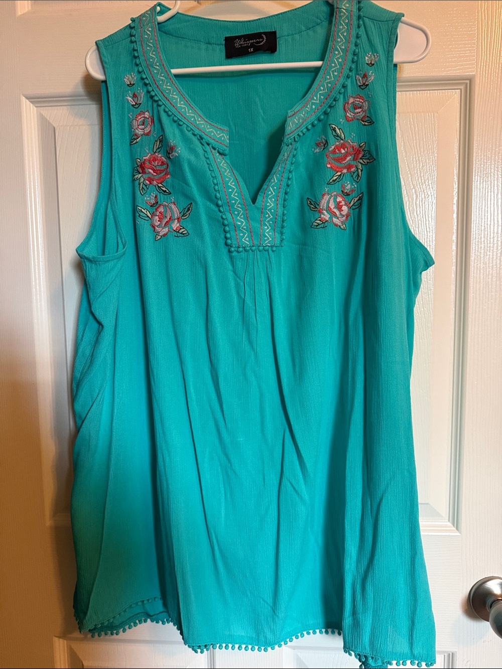 Embroidered Teal Sleeveless Tank Top by Whispers